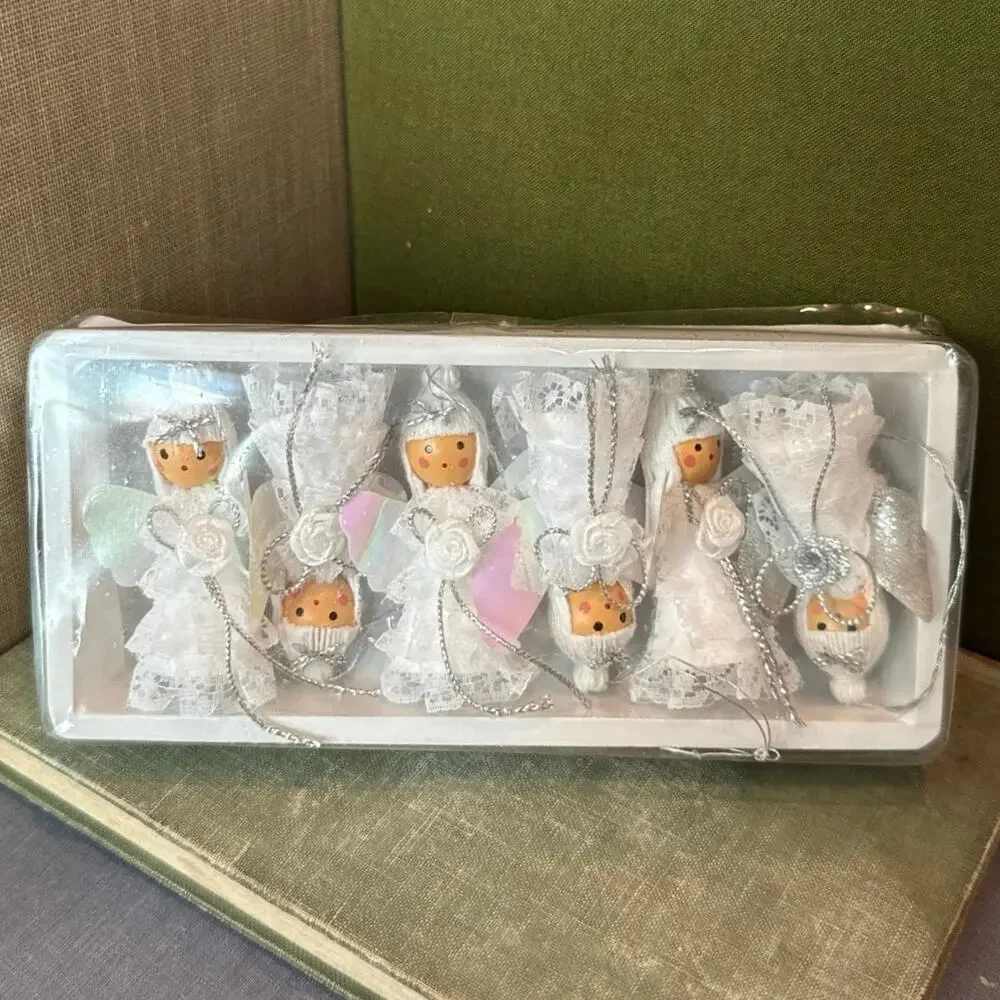 Vintage Angel Ornaments • Set of 6 • Iridescent Wings • 2.75”